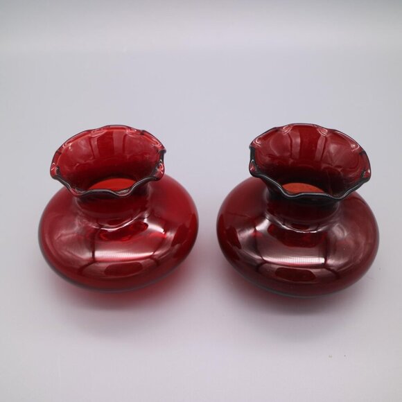 Vintage American Anchor Hocking Ruby Red Flared Ruffle Top 3" Vases Set of 4 - Picture 6 of 7